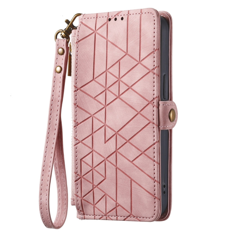 For iPhone 15 Plus Geometric Zipper Wallet Side Buckle Leather Phone Case(Pink)