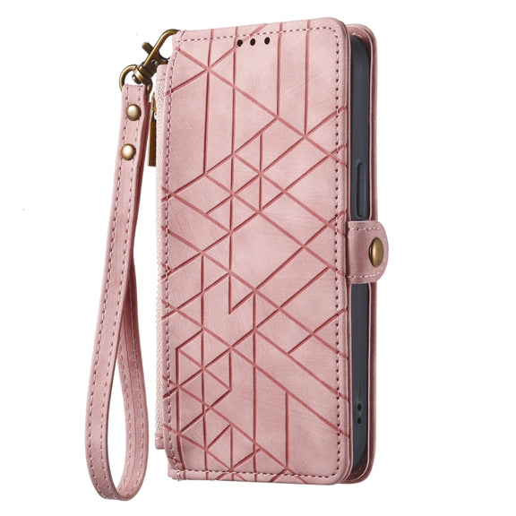 For iPhone 15 Plus Geometric Zipper Wallet Side Buckle Leather Phone Case(Pink)