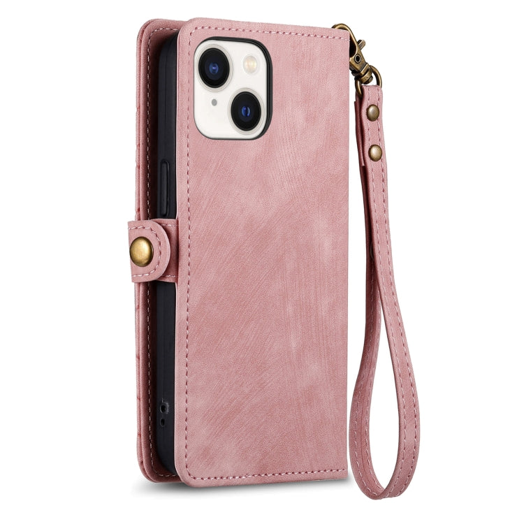 For iPhone 15 Plus Geometric Zipper Wallet Side Buckle Leather Phone Case(Pink)