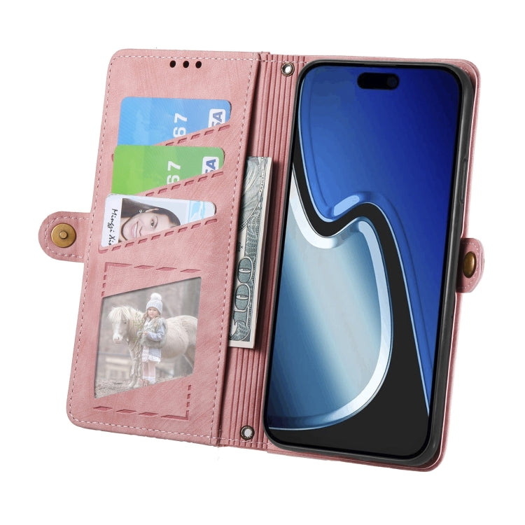 For iPhone 15 Plus Geometric Zipper Wallet Side Buckle Leather Phone Case(Pink)