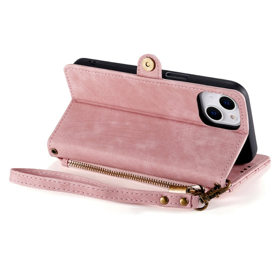 For iPhone 15 Plus Geometric Zipper Wallet Side Buckle Leather Phone Case(Pink)