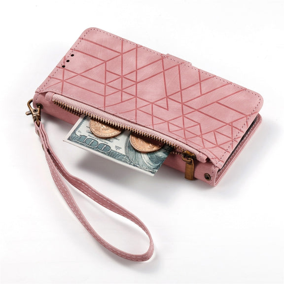 For iPhone 15 Plus Geometric Zipper Wallet Side Buckle Leather Phone Case(Pink)
