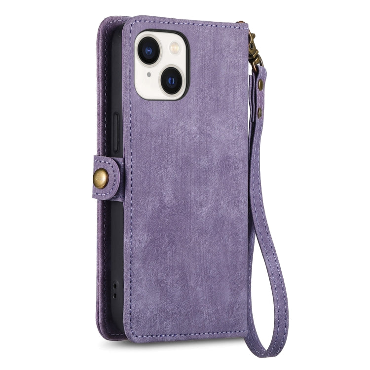 For iPhone 15 Plus Geometric Zipper Wallet Side Buckle Leather Phone Case(Purple)