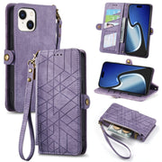 For iPhone 15 Plus Geometric Zipper Wallet Side Buckle Leather Phone Case(Purple)