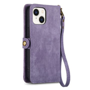 For iPhone 15 Plus Geometric Zipper Wallet Side Buckle Leather Phone Case(Purple)