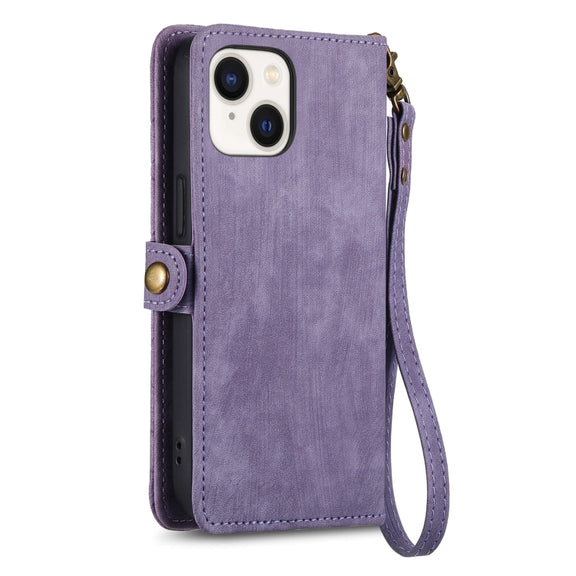 For iPhone 15 Plus Geometric Zipper Wallet Side Buckle Leather Phone Case(Purple)