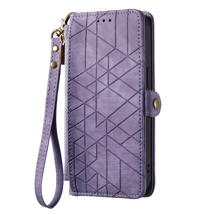 For iPhone 15 Plus Geometric Zipper Wallet Side Buckle Leather Phone Case(Purple)