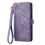 For iPhone 15 Plus Geometric Zipper Wallet Side Buckle Leather Phone Case(Purple)