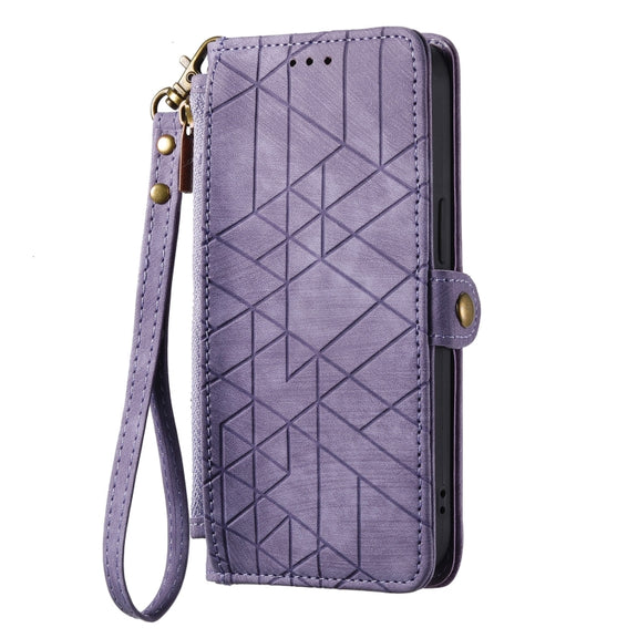 For iPhone 15 Plus Geometric Zipper Wallet Side Buckle Leather Phone Case(Purple)
