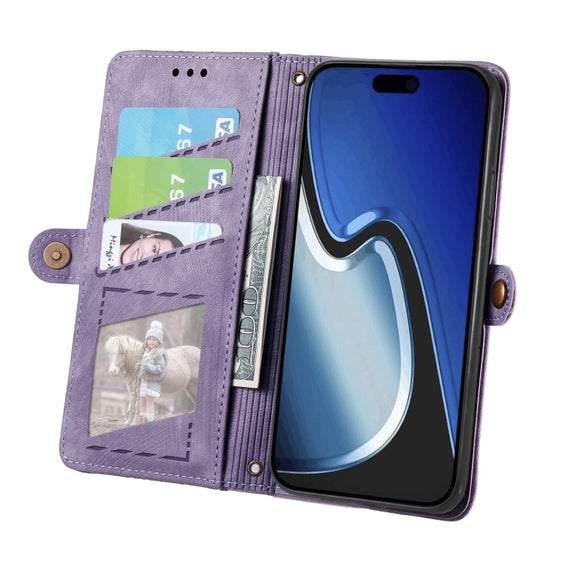For iPhone 15 Plus Geometric Zipper Wallet Side Buckle Leather Phone Case(Purple)