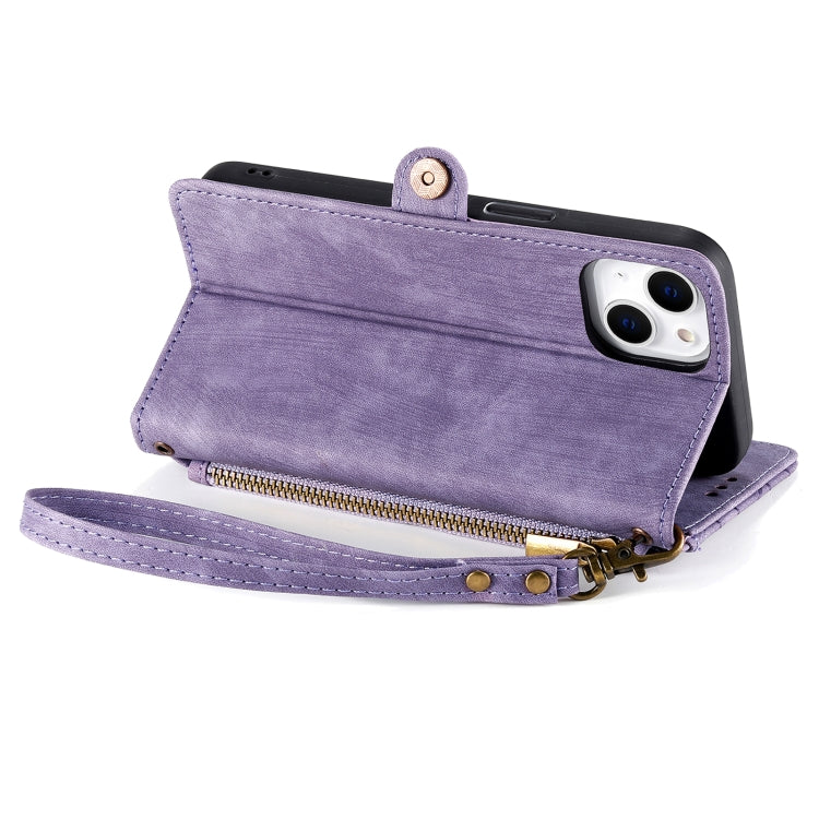 For iPhone 15 Plus Geometric Zipper Wallet Side Buckle Leather Phone Case(Purple)