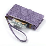 For iPhone 15 Plus Geometric Zipper Wallet Side Buckle Leather Phone Case(Purple)