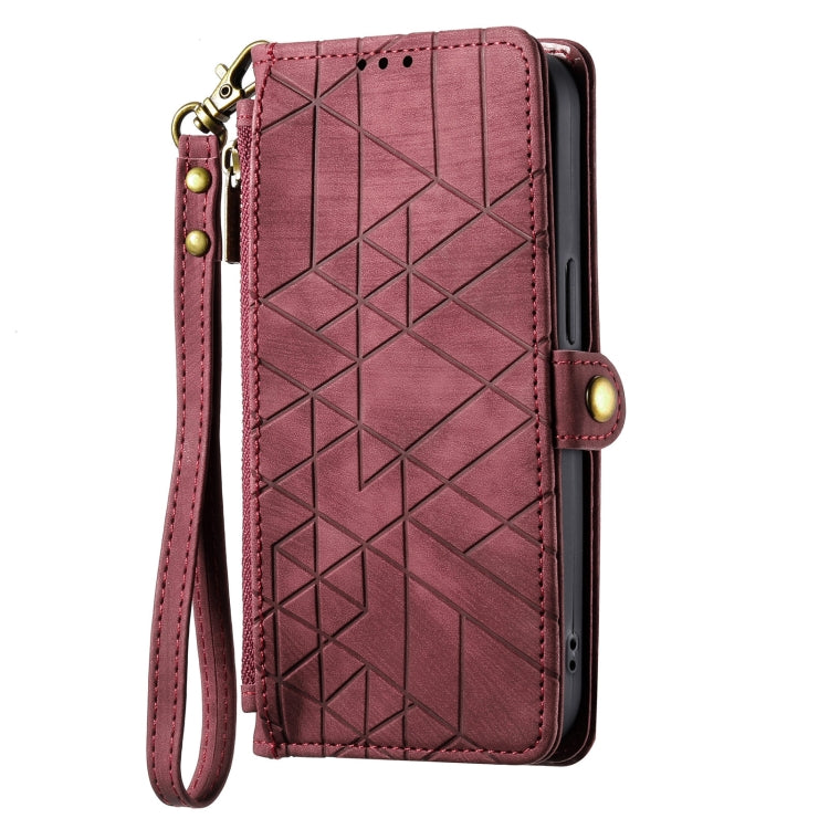 For iPhone 15 Pro Max Geometric Zipper Wallet Side Buckle Leather Phone Case(Red)
