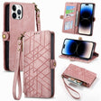 For iPhone 15 Pro Max Geometric Zipper Wallet Side Buckle Leather Phone Case(Pink) - free shipping - PMC TechLife - Order now!