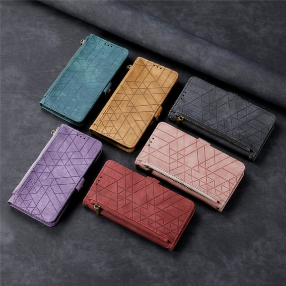 For iPhone 15 Pro Max Geometric Zipper Wallet Side Buckle Leather Phone Case(Pink)