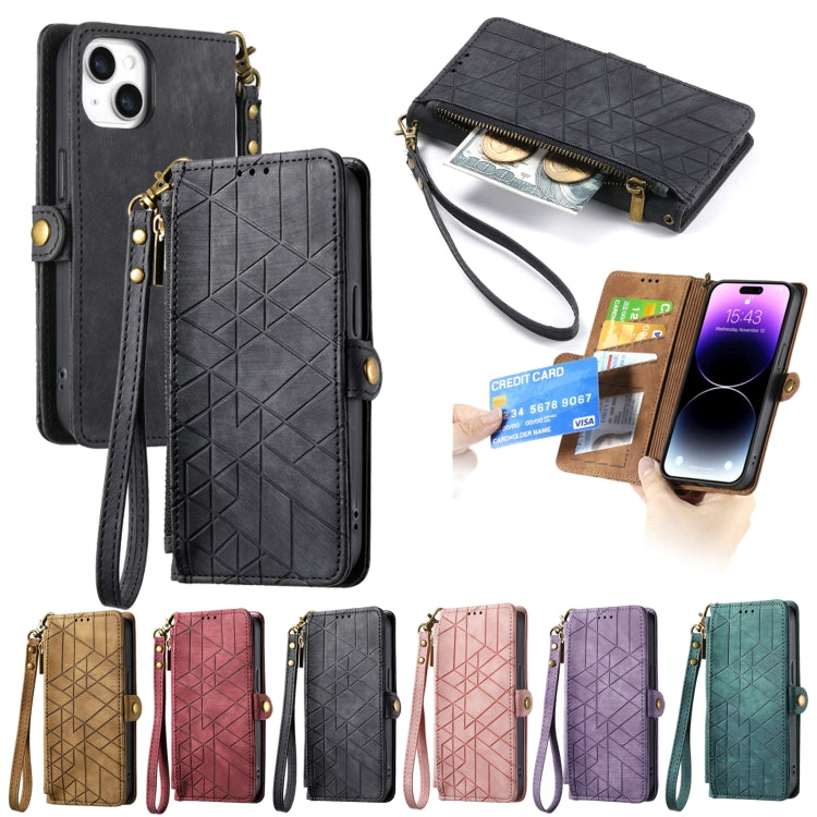 For iPhone 15 Pro Max Geometric Zipper Wallet Side Buckle Leather Phone Case(Purple)