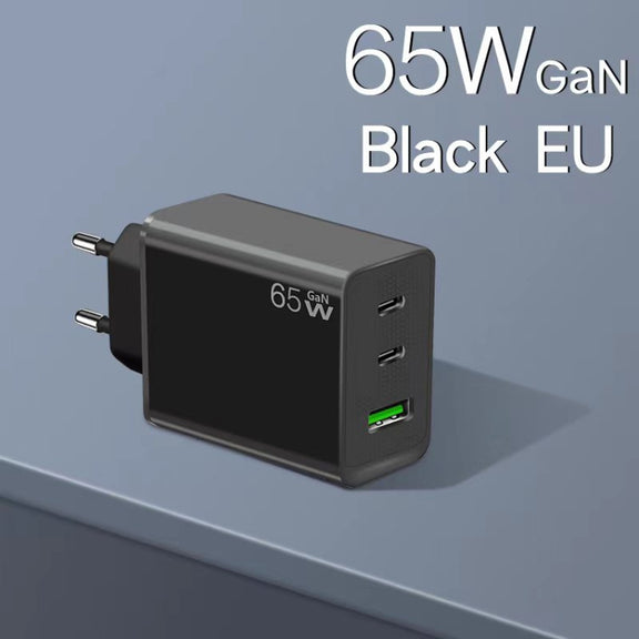 GaN PD65W Type-C x 2 + USB3.0 Laptop Adapter ,EU Plug(Black)