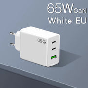 GaN PD65W Type-C x 2 + USB3.0 Laptop Adapter ,EU Plug(White)