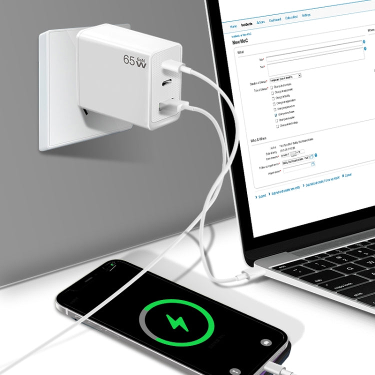 GaN PD65W Type-C x 2 + USB3.0 Laptop Adapter ,EU Plug(White)