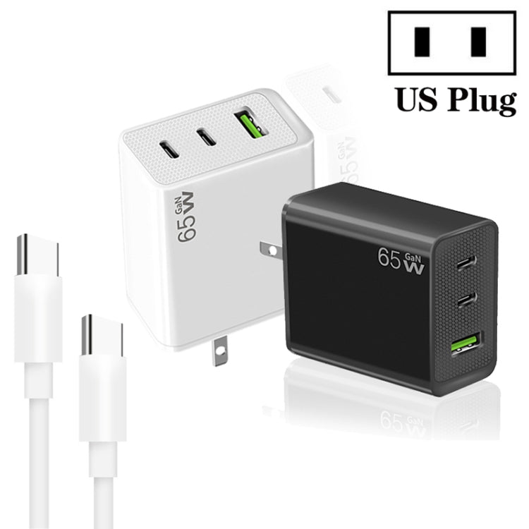 GaN PD65W Type-C x 2 + USB3.0 Charger with Type-C to Type-C Data Cable ,US Plug(Black)