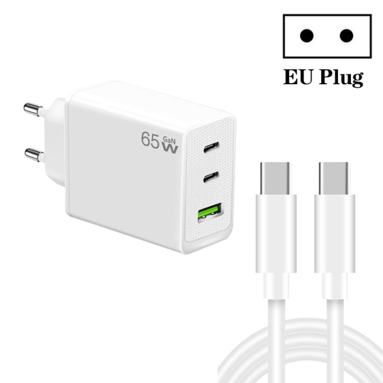 GaN PD65W Type-C x 2 + USB3.0 Charger with Type-C to Type-C Data Cable ,EU Plug(White)