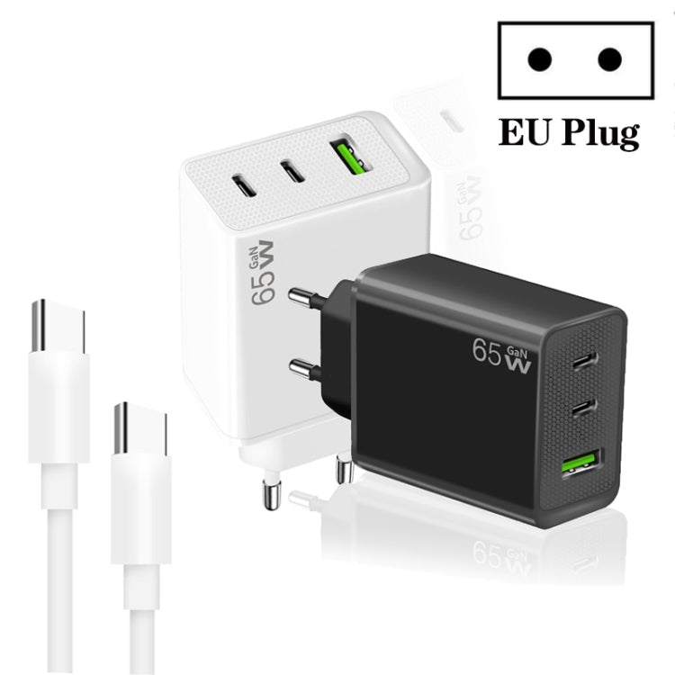GaN PD65W Type-C x 2 + USB3.0 Charger with Type-C to Type-C Data Cable ,EU Plug(Black)