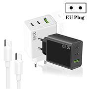 GaN PD65W Type-C x 2 + USB3.0 Charger with Type-C to Type-C Data Cable ,EU Plug(Black)