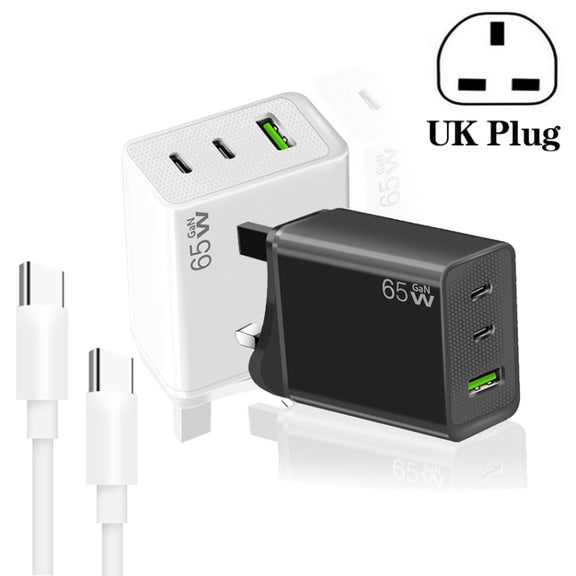 GaN PD65W Type-C x 2 + USB3.0 Charger with Type-C to Type-C Data Cable ,UK Plug(White)
