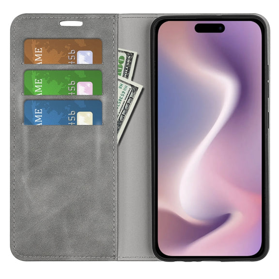 For iPhone 16 Pro Retro-skin  Magnetic Suction Leather Phone Case(Grey)