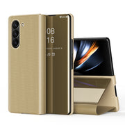 For Galaxy Z Fold 5 5G Plated Mirror Horizontal Flip Leather Phone Case with Holder(Gold)