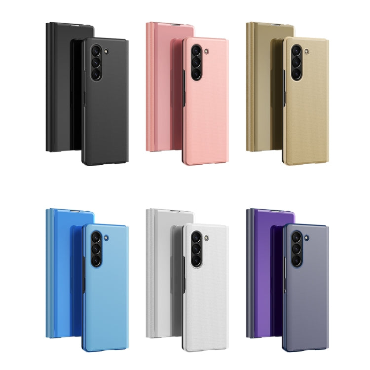 For Galaxy Z Fold 5 5G Plated Mirror Horizontal Flip Leather Phone Case with Holder(Gold)