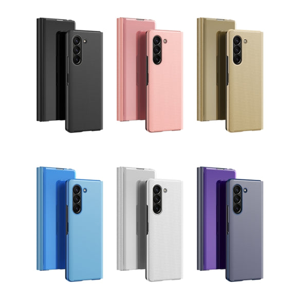 For Galaxy Z Fold 5 5G Plated Mirror Horizontal Flip Leather Phone Case with Holder(Gold)