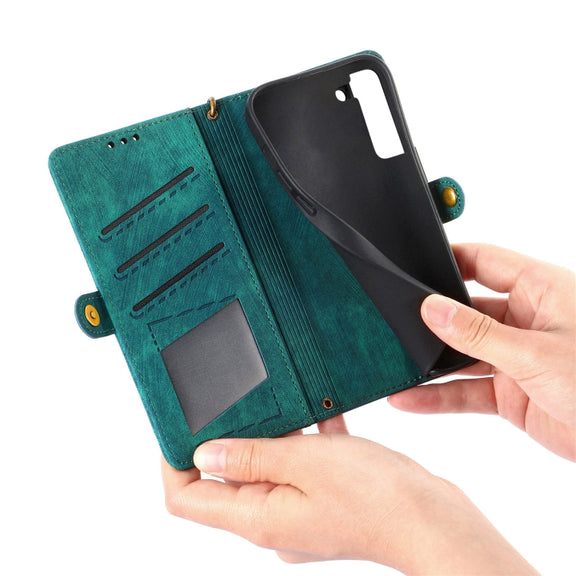 For Samsung Galaxy S22+ 5G Geometric Zipper Wallet Side Buckle Leather Phone Case(Green)