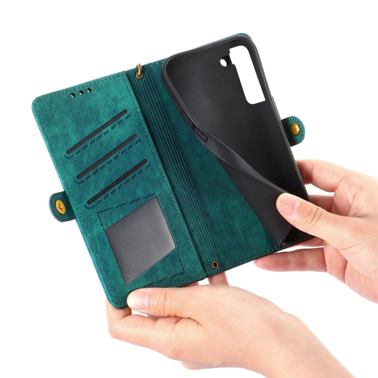 For Samsung Galaxy S22+ 5G Geometric Zipper Wallet Side Buckle Leather Phone Case(Green)