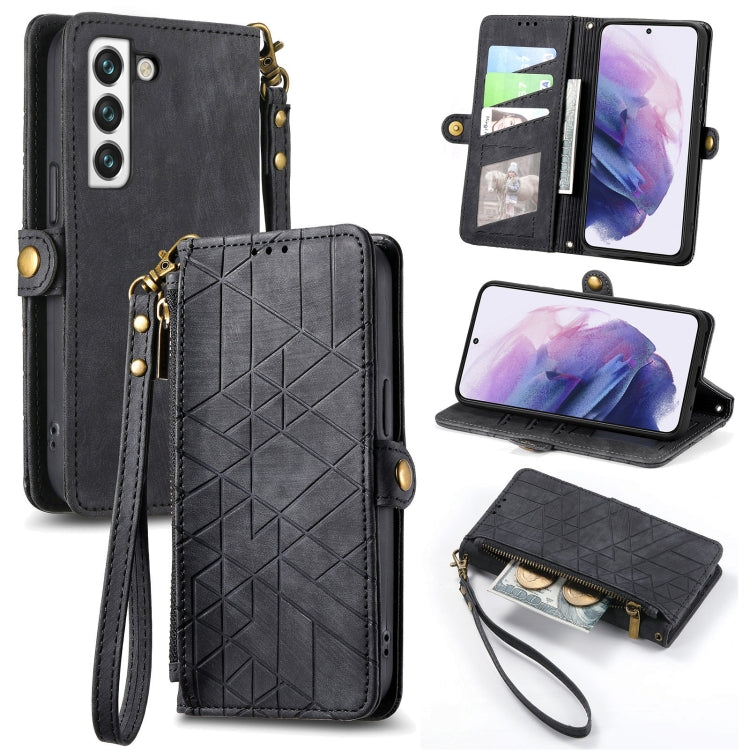For Samsung Galaxy S21 FE 5G Geometric Zipper Wallet Side Buckle Leather Phone Case(Black)