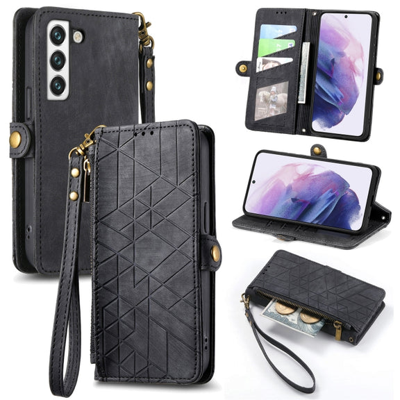 For Samsung Galaxy S21 FE 5G Geometric Zipper Wallet Side Buckle Leather Phone Case(Black)