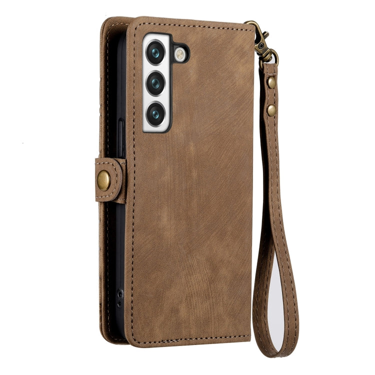 For Samsung Galaxy S20 Geometric Zipper Wallet Side Buckle Leather Phone Case(Brown)