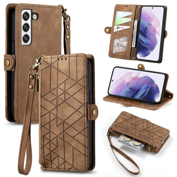 For Samsung Galaxy S20 FE Geometric Zipper Wallet Side Buckle Leather Phone Case(Brown)