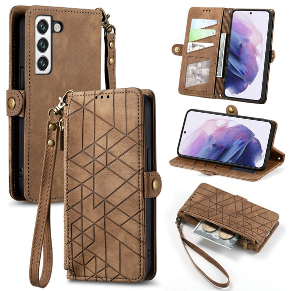 For Samsung Galaxy S20 FE Geometric Zipper Wallet Side Buckle Leather Phone Case(Brown)