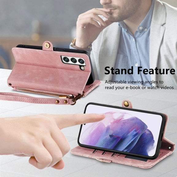For Samsung Galaxy Note20 Geometric Zipper Wallet Side Buckle Leather Phone Case(Pink)