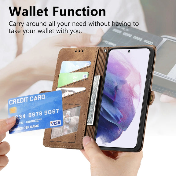 For Samsung Galaxy Note20 Geometric Zipper Wallet Side Buckle Leather Phone Case(Brown)