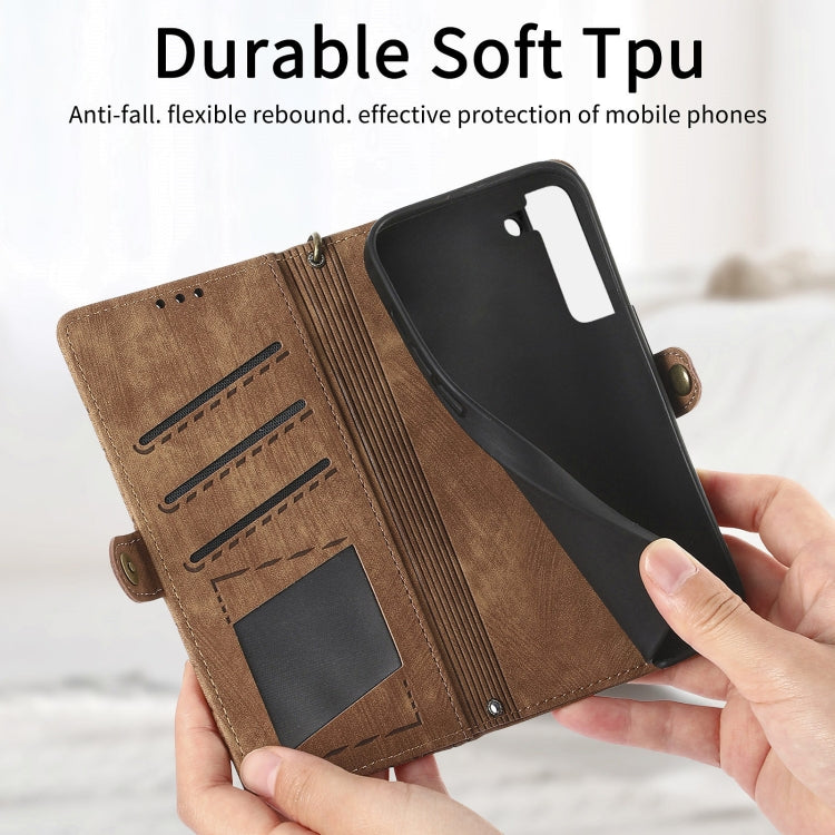 For Samsung Galaxy Note20 Geometric Zipper Wallet Side Buckle Leather Phone Case(Brown)