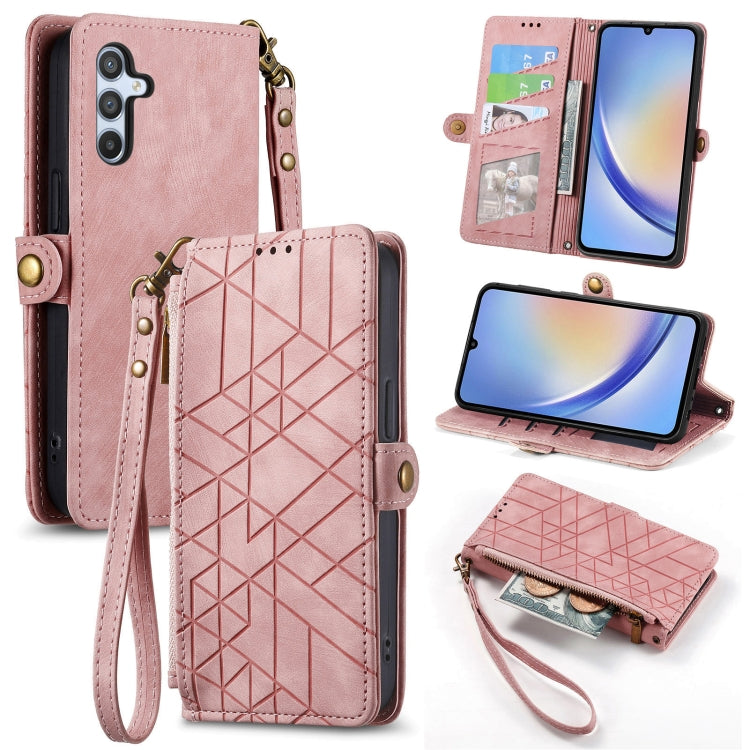 For Samsung Galaxy A30 Geometric Zipper Wallet Side Buckle Leather Phone Case(Pink)