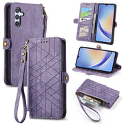 For Samsung Galaxy A30 Geometric Zipper Wallet Side Buckle Leather Phone Case(Purple)