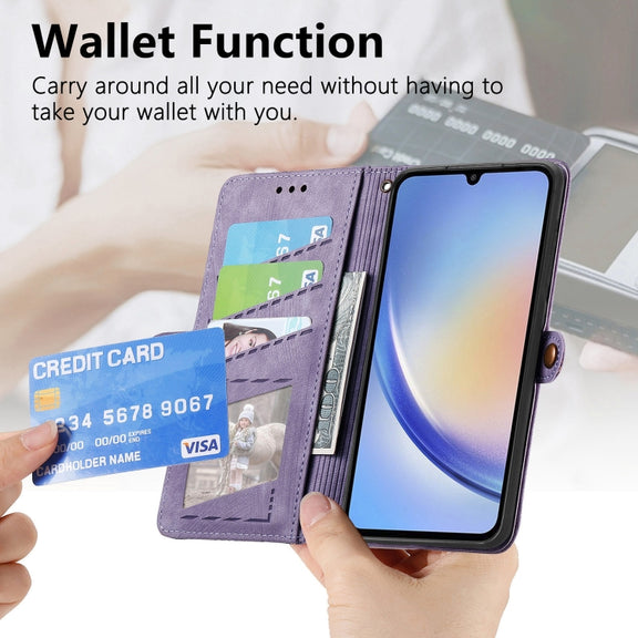 For Samsung Galaxy A30 Geometric Zipper Wallet Side Buckle Leather Phone Case(Purple)