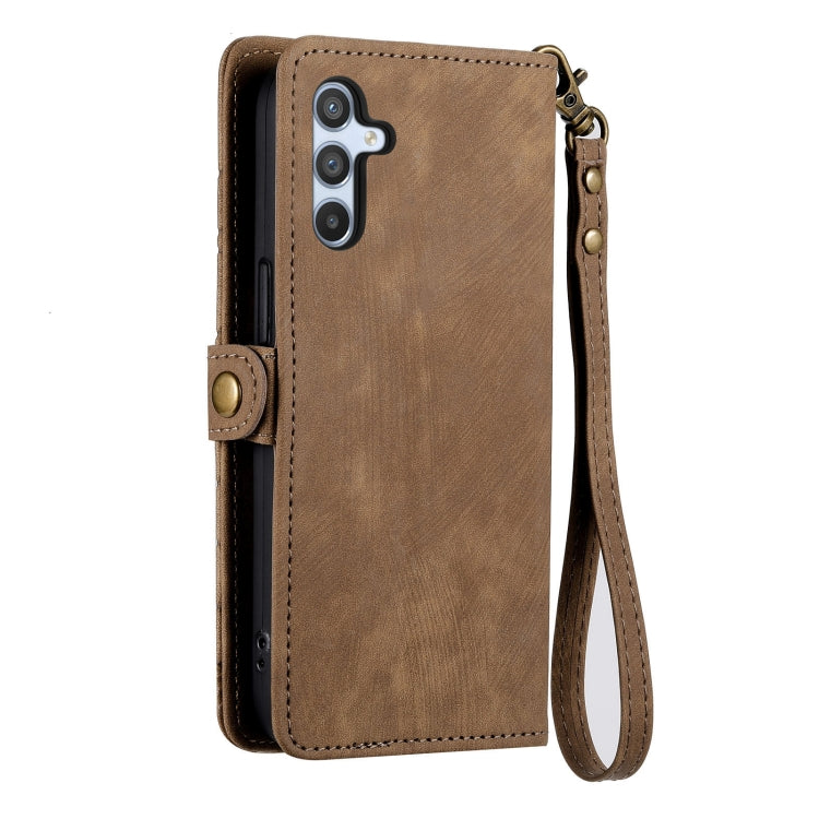 For Samsung Galaxy A30 Geometric Zipper Wallet Side Buckle Leather Phone Case(Brown)