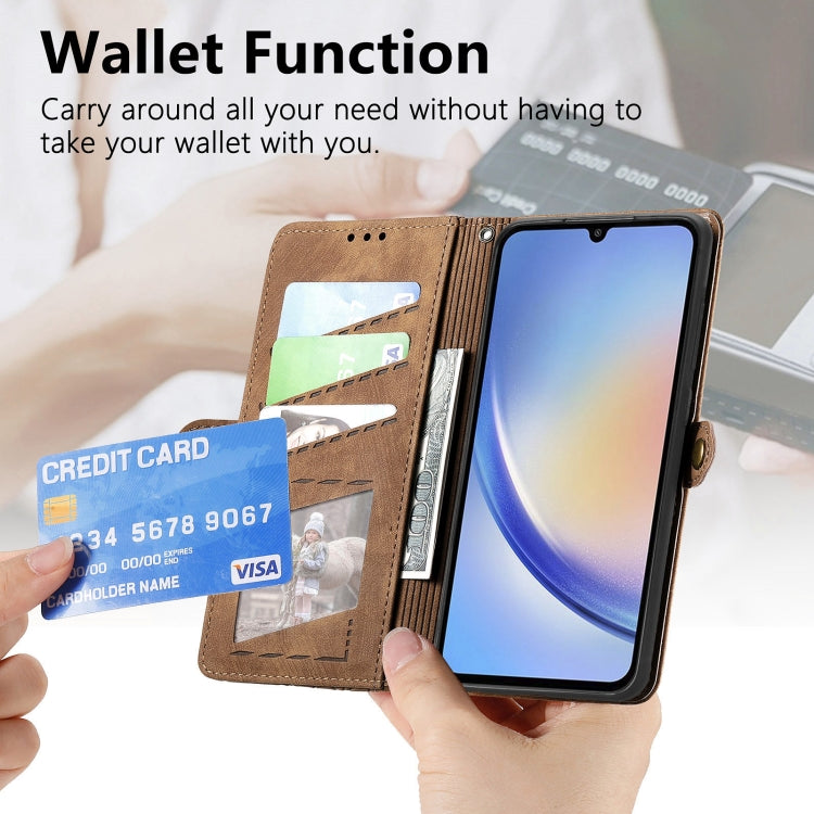 For Samsung Galaxy A30 Geometric Zipper Wallet Side Buckle Leather Phone Case(Brown)