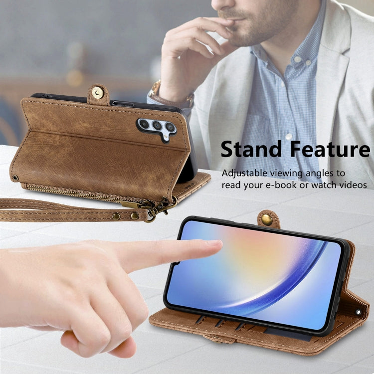 For Samsung Galaxy A30 Geometric Zipper Wallet Side Buckle Leather Phone Case(Brown)