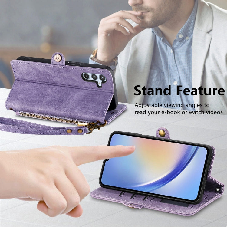 For Samsung Galaxy A11 Geometric Zipper Wallet Side Buckle Leather Phone Case(Purple)