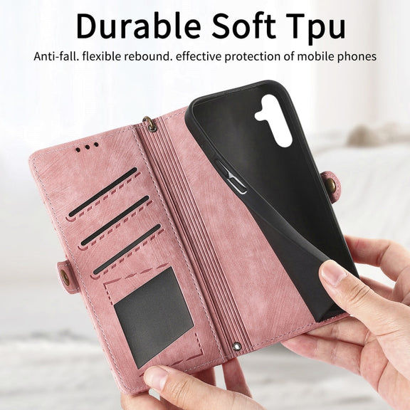 For Samsung Galaxy A41 Geometric Zipper Wallet Side Buckle Leather Phone Case(Pink)